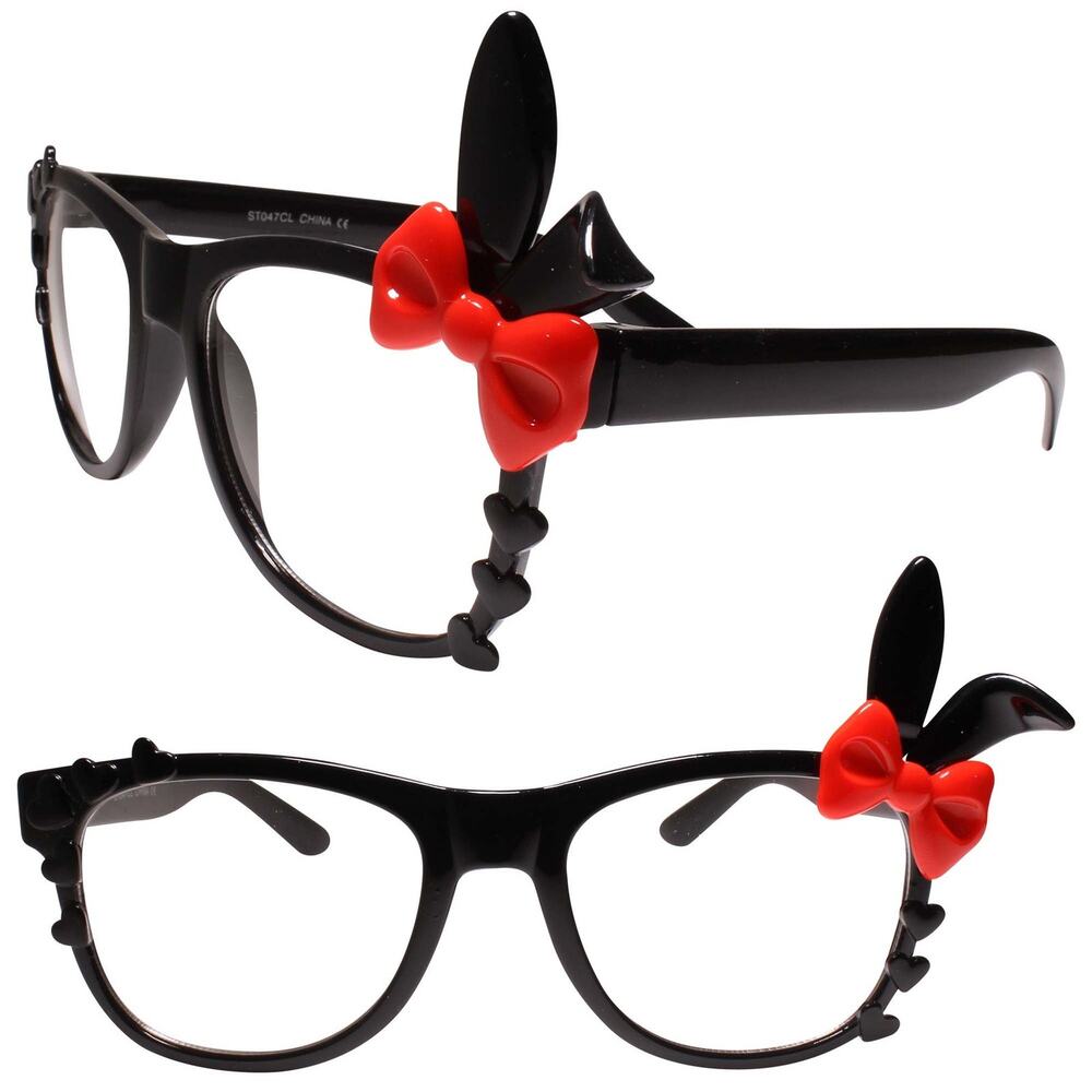 Bunny Ears Fun Party Colorful Cute Heart Accent Black Clear Lens Glasses